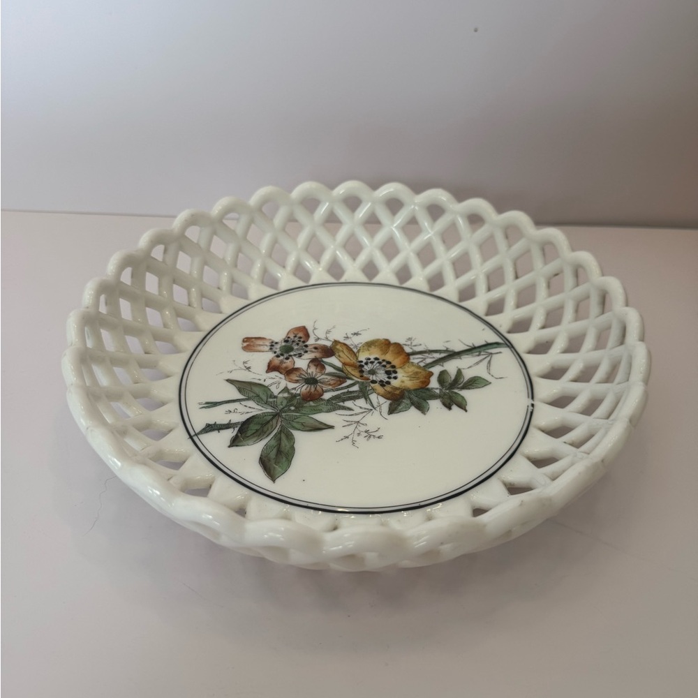 Vintage white milk glass lattice bowl with flowers Spring